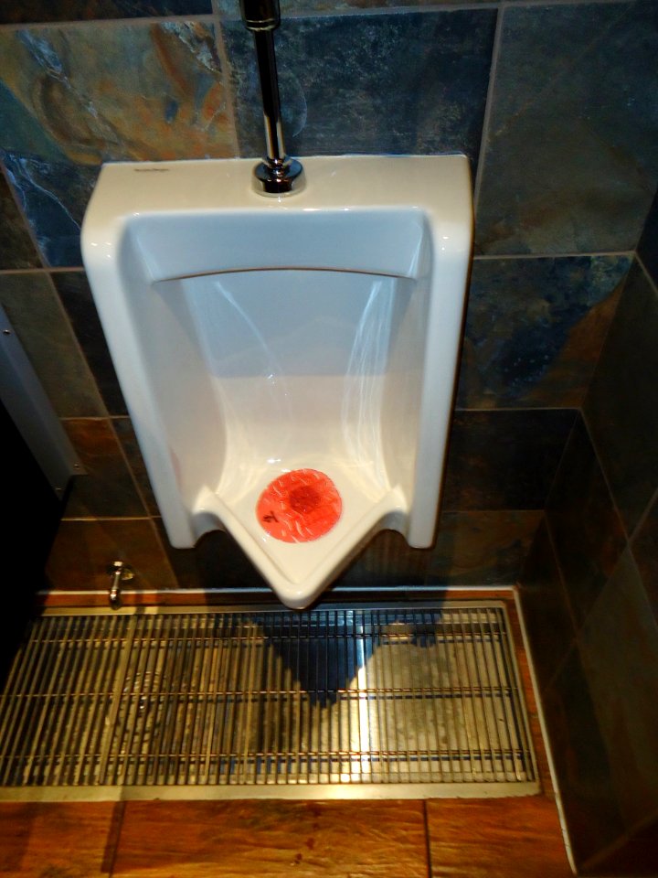 Urinal with a drain below at a restaurant at National Harbor in Maryland