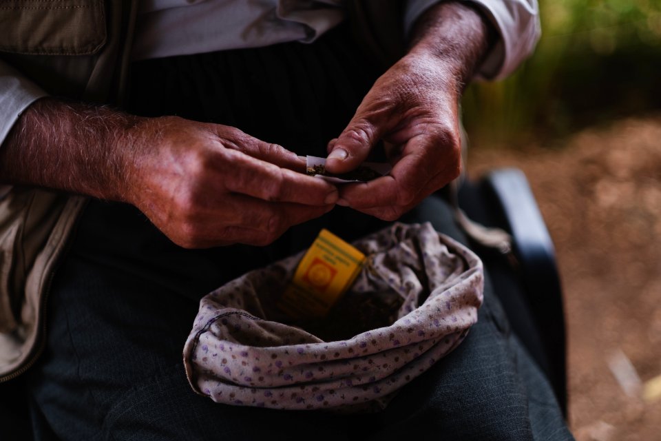 Views in June of 2019 of an Ezidi man in Sardashte Camp for displaced Ezidis rolling a cigarette with tobacco grown nearby atop Shingal mountain 09