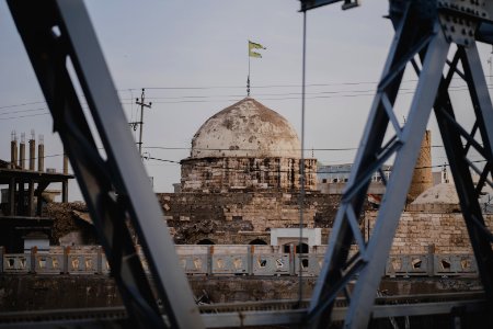Views of the Aghawat Mosque in the old city of Mosul, from the old bridge over the Tigris in summer of 2019 after the war with the Islamic State 05