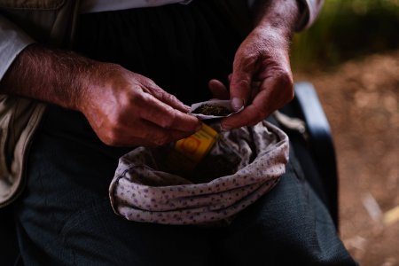 Views in June of 2019 of an Ezidi man in Sardashte Camp for displaced Ezidis rolling a cigarette with tobacco grown nearby atop Shingal mountain 07