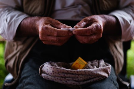 Views in June of 2019 of an Ezidi man in Sardashte Camp for displaced Ezidis rolling a cigarette with tobacco grown nearby atop Shingal mountain 18