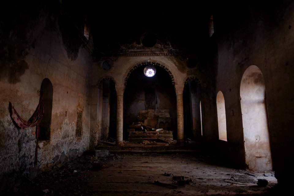 Views in July of 2019 of the large cathedral in the city center of Shingal, after being destroyed in the war with the Islamic State 02