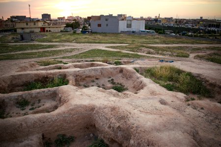 Views of pottery sherds, previous excavation sites, and the mound itself at 'Kelik Mishik' archaeological mound in Erbil 09
