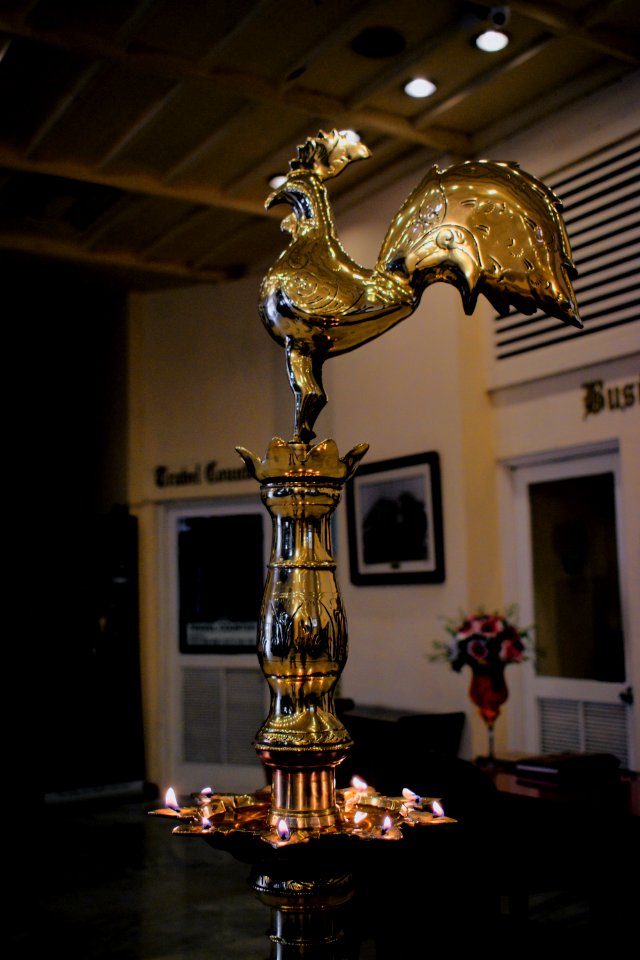 View of a Hindu brass lamp topped by a rooster at the Grand Oriental Hotel in Colombo 03