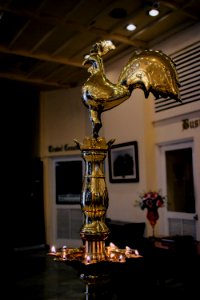 View of a Hindu brass lamp topped by a rooster at the Grand Oriental Hotel in Colombo 03