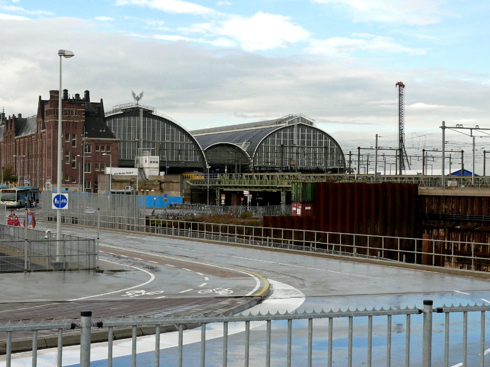 View on the central station of Amsterdam city; the East-side of the building, seen from Oosterdokseiland, autumn 2006