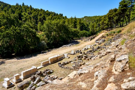 View of base statues at the Amphiareion of Oropos from the retaining wall on July 24, 2020