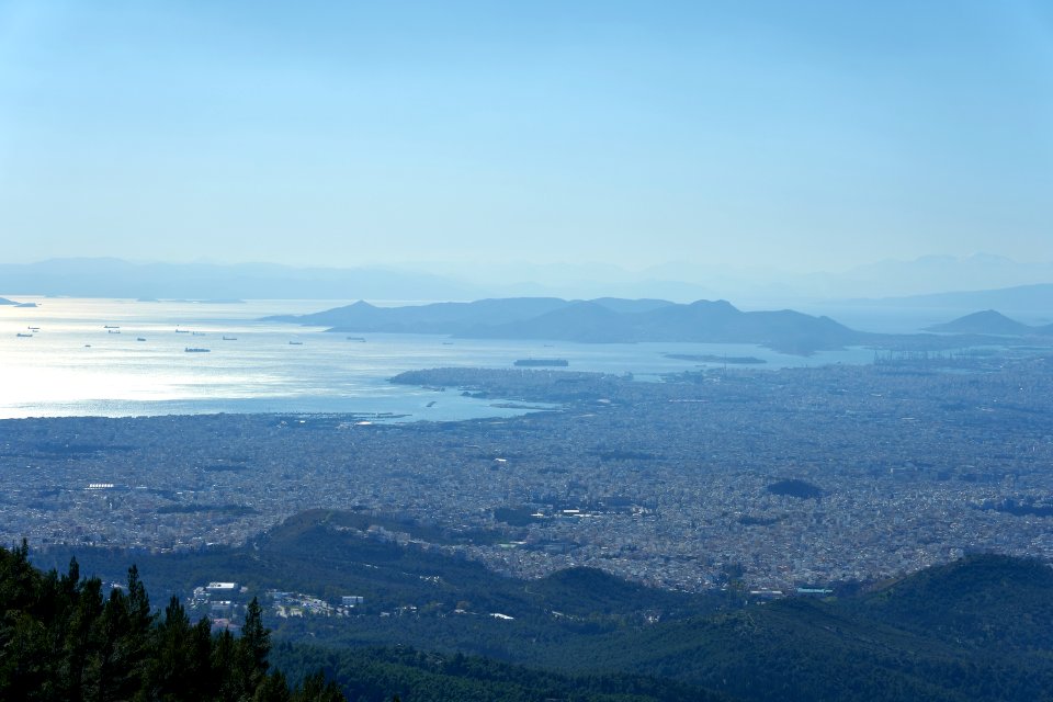 View of Attica, the Saronic Gulf and the island of Salamis from Mount Hymettus on March 17, 2020