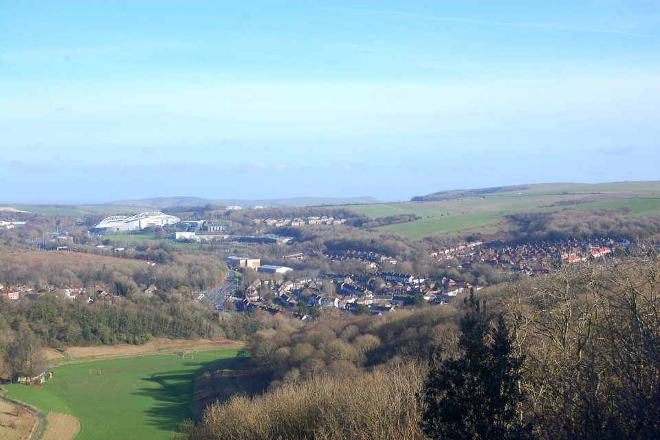 View of North Moulsecoomb and Amex Stadium from Hollingbury Hill, Brighton (February 2020)