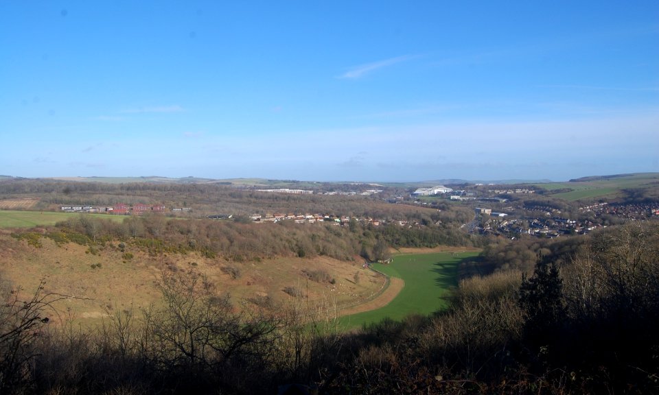 View of Coldean and Amex Stadium from Hollingbury Hill, Brighton (February 2020)