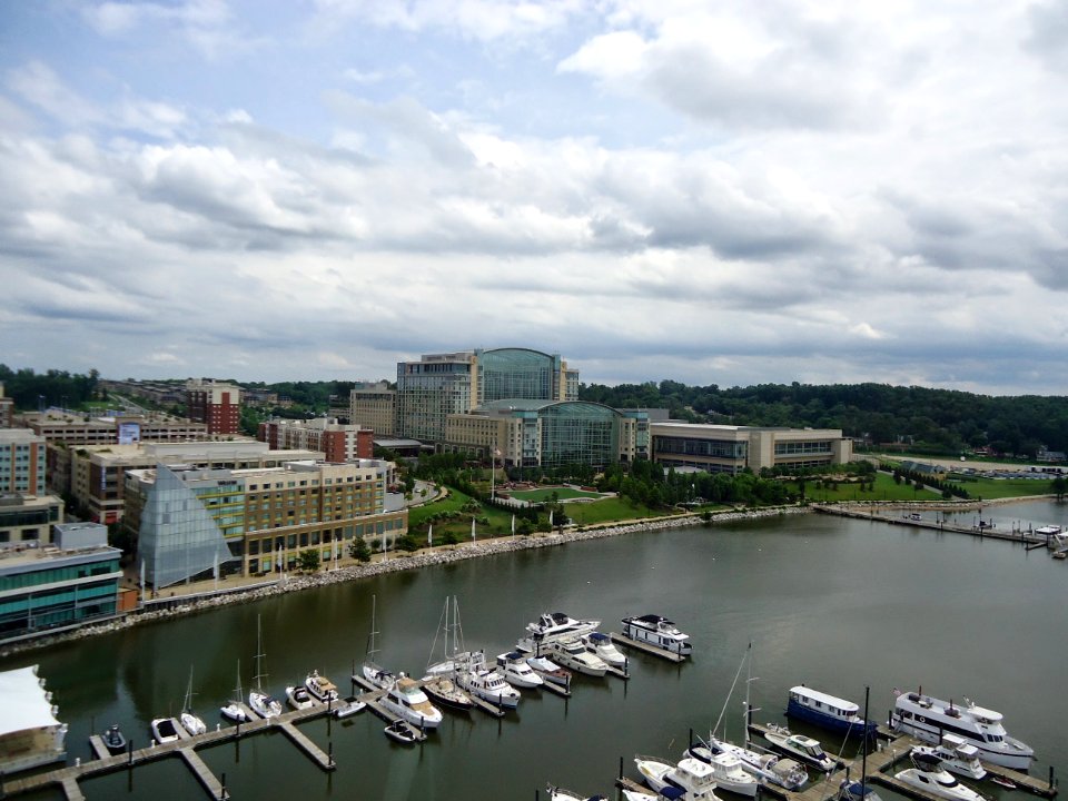 View of marina and stores from Ferris Wheel at National Harbor in Maryland
