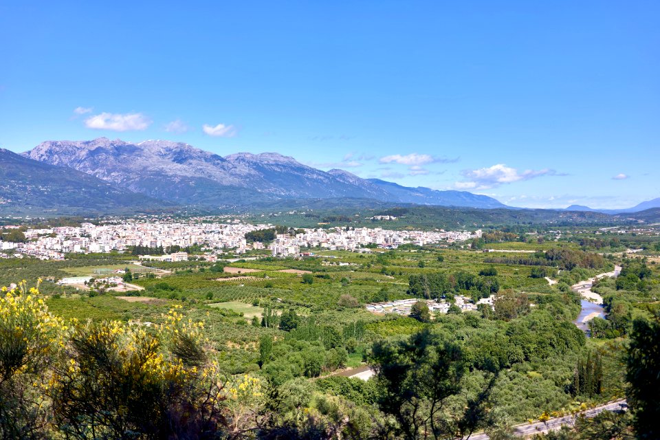 View of modern Sparta, Mount Taygetus and the Eurotas from the Menelaion on 15 May 2019