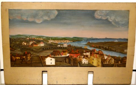 View of the Northfields (North Salem) and Beverly, Massachusetts, with Beverly Bridge, unknown artist, 1801-1817, fireboard, oil on wood panel - Peabody Essex Museum - DSC07123