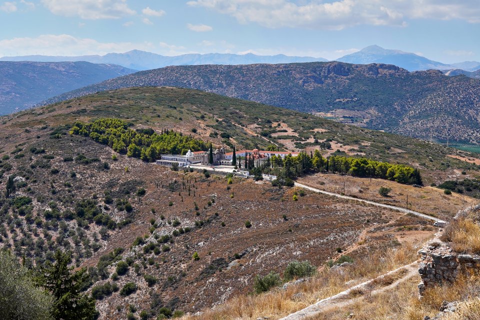 View of the Monastery of Saint Anargyroi from Larissa Castle (Argos) on September 5, 2020