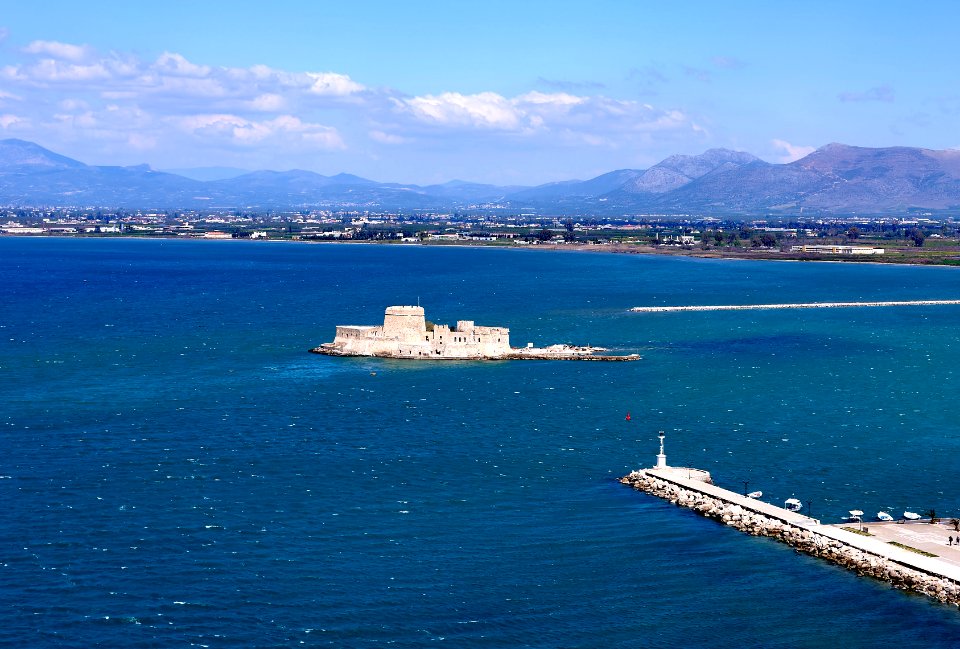 View of the Castle of Bourtzi from the Castle of Akronafplia on 30 March 2019