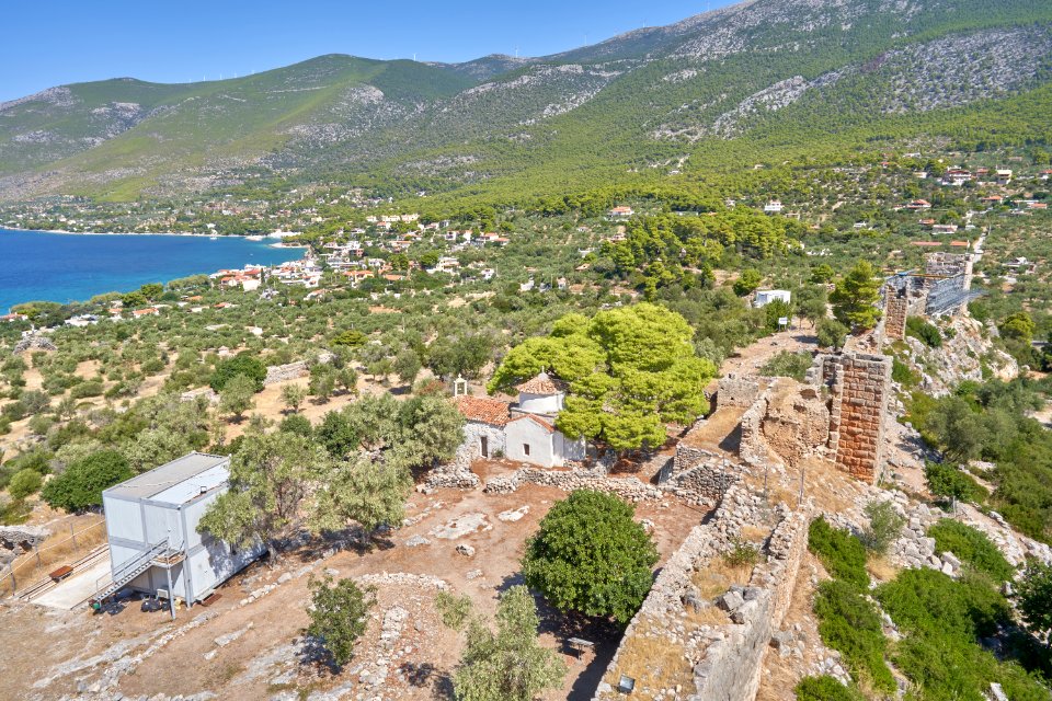 View of the Castle of Aigosthena from the Southeast Tower on August 27, 2020