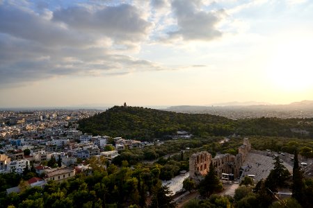 View of the Odeon of Herodes Atticus and Philopappos Hill from the Acropolis on September 13, 2020