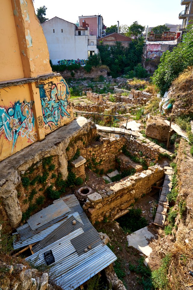 View of the North Side of the Ancient Agora of Athens from Aghiou Filippou Street on August 13, 2020