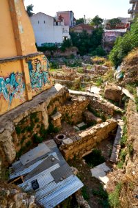 View of the North Side of the Ancient Agora of Athens from Aghiou Filippou Street on August 13, 2020