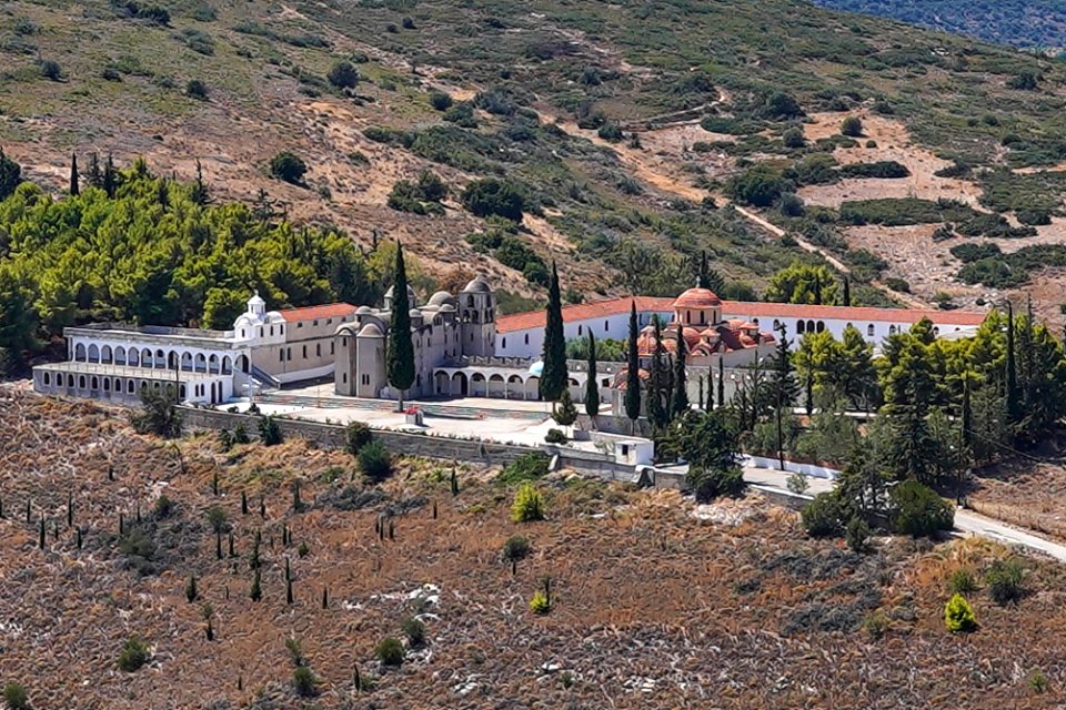View of the Monastery of Saint Anargyroi in Argolis from Larissa Castle on September 5, 2020