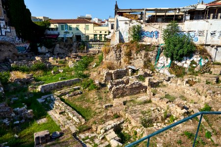 View of the excavated north side of the Ancient Agora of Athens from Adrianou Street on August 13, 2020 photo