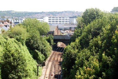 View towards Brighton Station from Old Shoreham Road bridge, Prestonville, Brighton (July 2019)