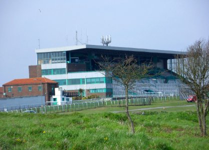 View towards Brighton Racecourse Grandstand from Whitehawk Hill Transmitting Station, Brighton (April 2013) (2)