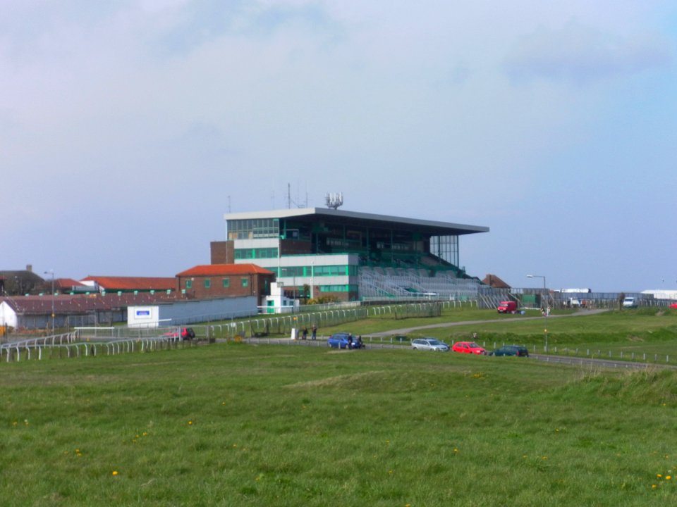 View towards Brighton Racecourse Grandstand from Whitehawk Hill Transmitting Station, Brighton (April 2013) (1)