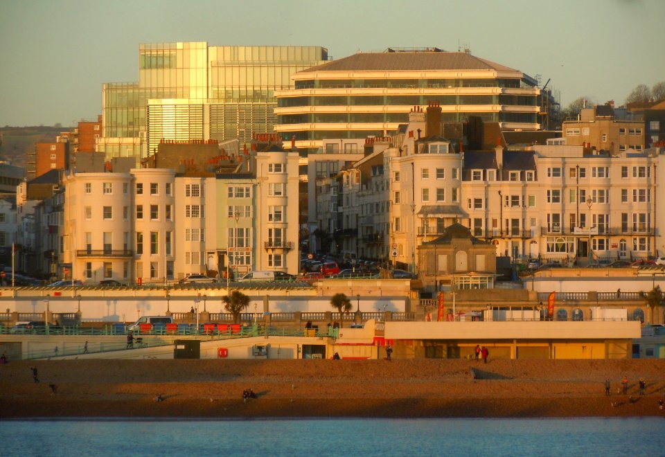 View towards Amex House and New American Express Building from Palace Pier, Brighton (December 2016)