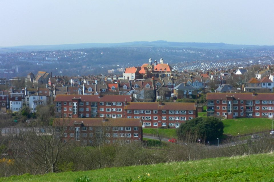 View towards St Luke's School from Whitehawk Hill Transmitting Station, Brighton (April 2013) (1)