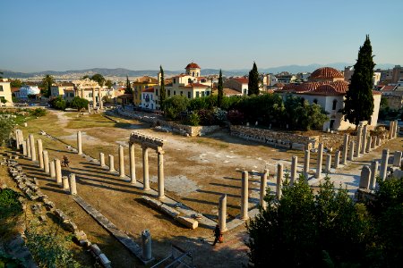 View of the Roman Agora from Polygnotou Street in Plaka on July 1, 2020