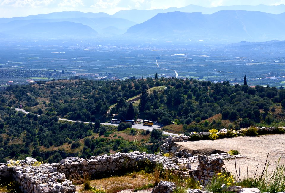 View of the Treasure of Atreus (or Tomb of Agamemnon) from the top of the acropolis of Mycenae