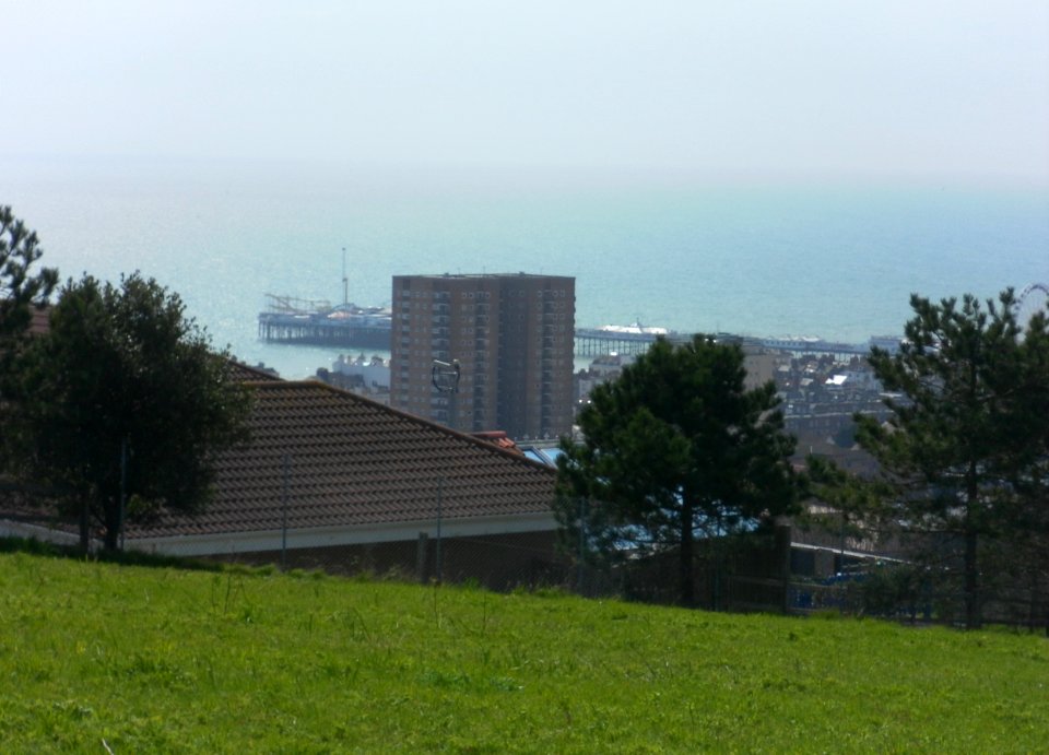 View towards Palace Pier from Whitehawk Hill Transmitting Station, Brighton (April 2013)