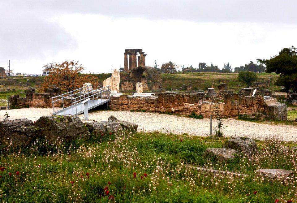 View of the historical seat of the Metropolis of Corinth in the Roman Forum of Ancient Corinth on 6 April 2019