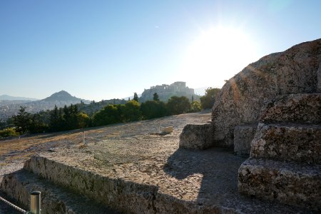 View of the Acropolis of Athens and Mount Lycabettus from the Orator’s Bema on the Pnyx on 23 September 2018