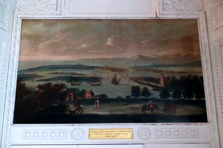 View of Portsmouth Harbour with Admiral Anson returning with the Captured French Fleet, England, 1747, oil on canvas - Shugborough- Shugborough Hall - Staffordshire, England - DSC00448