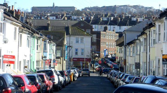 View Southeastwards along Edinburgh Road, Round Hill, Brighton (February 2014)