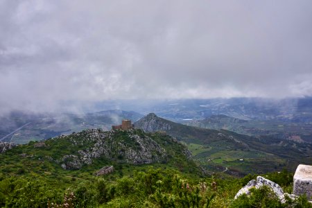 View of the Frankish tower from the top peak of the Acrocorinth on 6 April 2019
