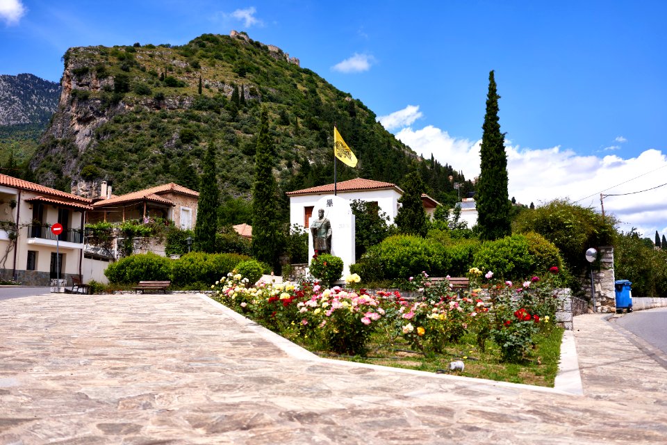 View of the hillside of Mystras from the modern town on May 15, 2019