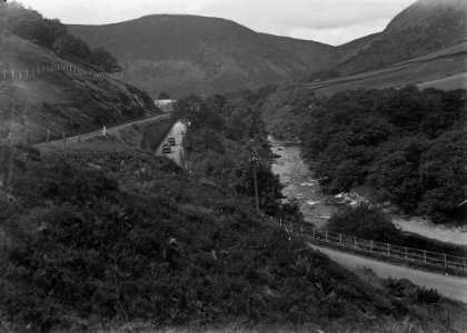 View of river Wye, railway track and cars travelling on the A470 road leading from Marteg bridge (1294267)