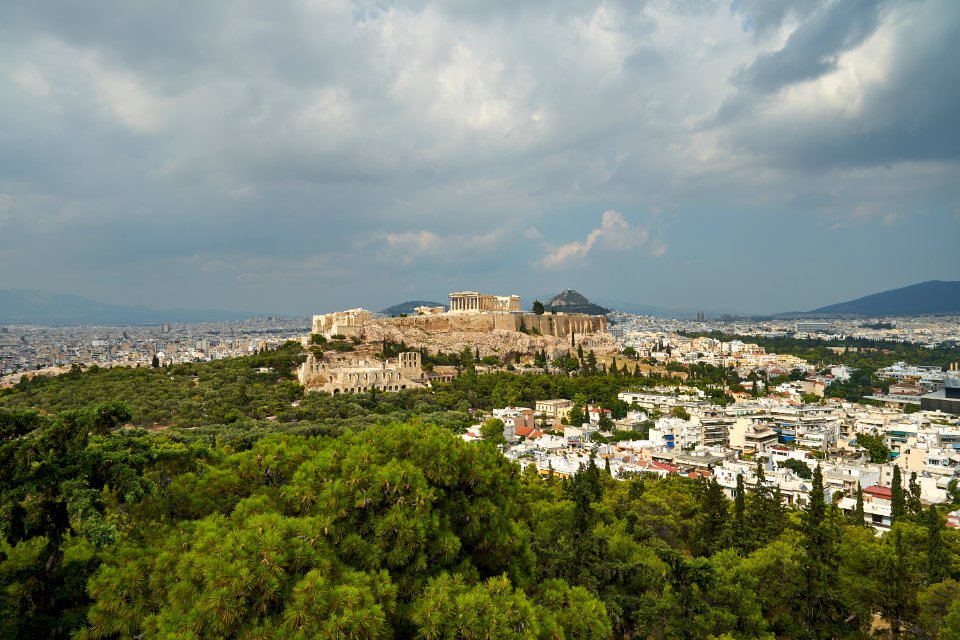 View of the Acropolis of Athens from Philopapos Hill on July 7, 2020