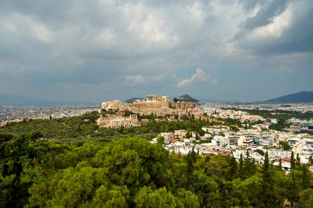 View of the Acropolis of Athens from Philopapos Hill on July 7, 2020