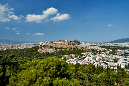 View of the Acropolis of Athens from Philopappos Hill on June 30, 2020 photo