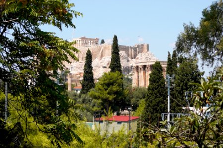 View of the Acropolis of Athens and the Temple of Olympian Zeus from Ardittou Street on August 12, 2020 photo
