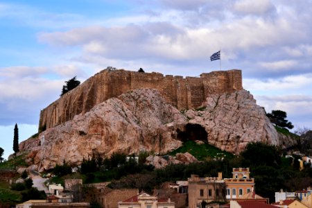 View of the Acropolis of Athens from the neighborhood of Plaka on December 26, 2019