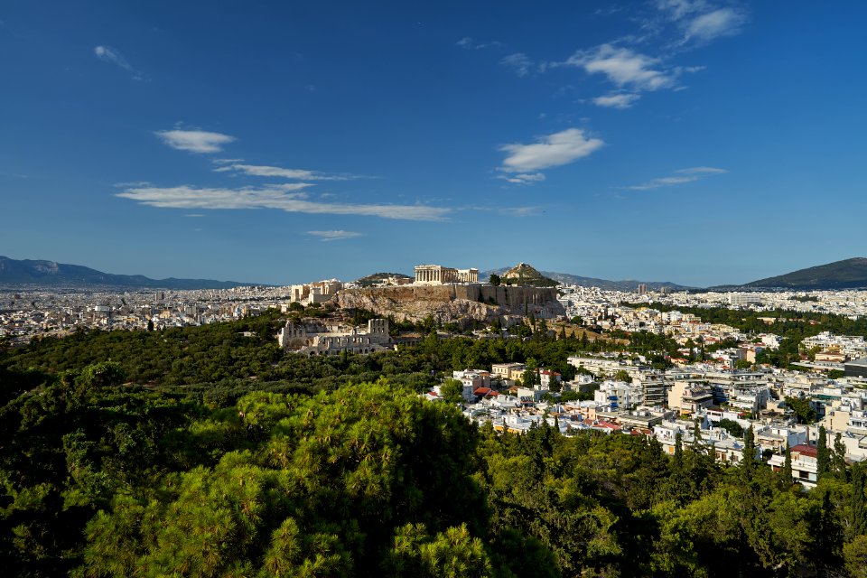 View of the Acropolis of Athens from Philopappos Hill on July 14, 2020