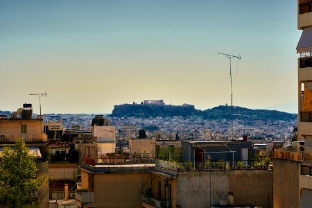 View of the Acropolis of Athens from Taigetou Street on October 23, 2020 photo