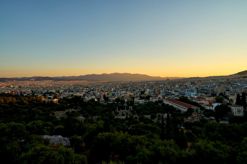 View of the Ancient Agora of Athens from the Areopagus on June 29, 2020
