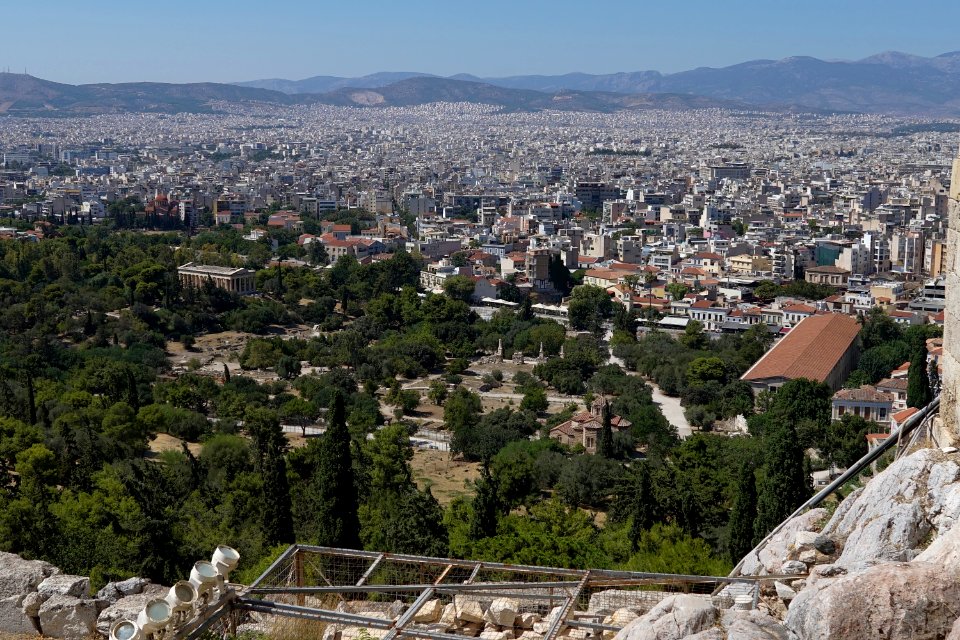 View of the Ancient Agora of Athens from the Acropolis on July 30, 2020