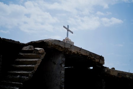 Views in April of 2019 around a ruined church in the ruins in the old city of Shingal 30